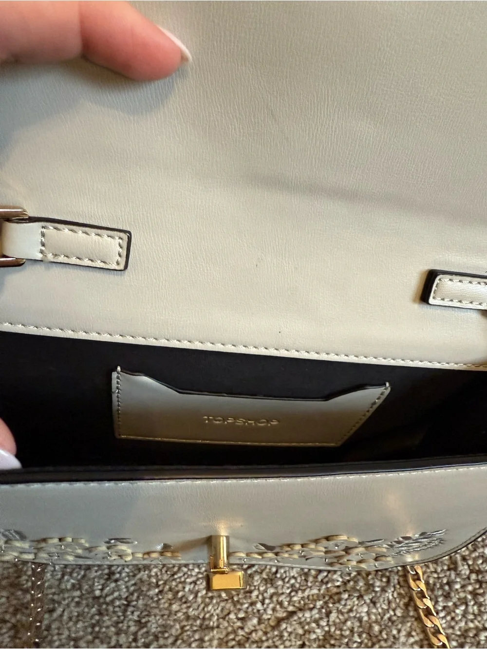 Light Grey Floral/Beaded Appliqué Crossbody Bag with Gold Chain